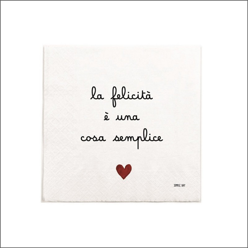 Set 20 tovaglioli di carta decorati con scritta “La felicità è una cosa semplice” e cuore